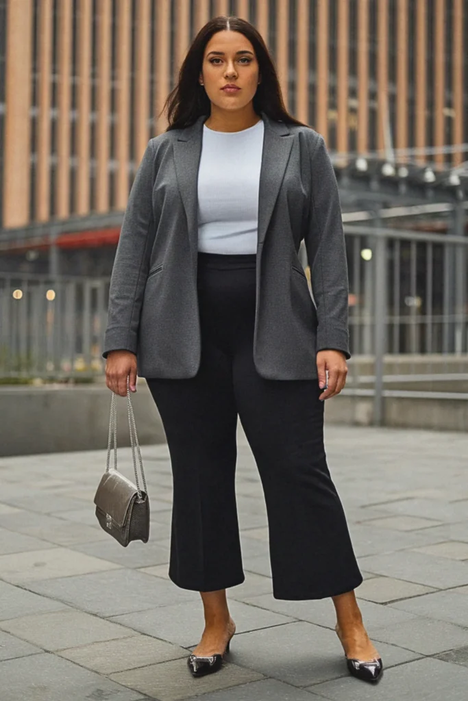 Plus Size New York Knit Blazer and Cropped Pants Fall Outfit