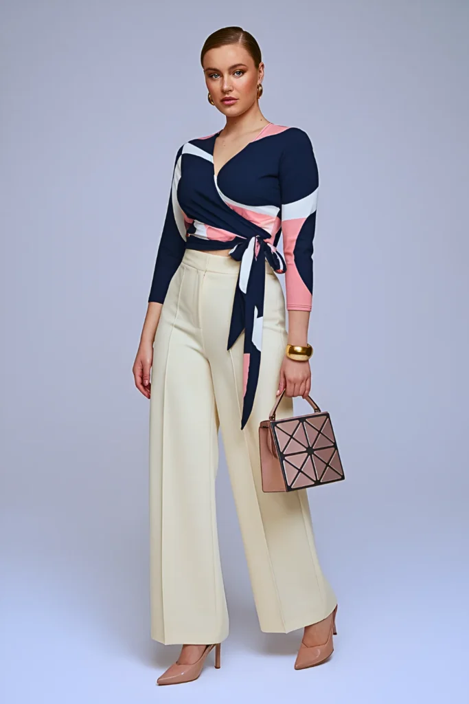 Spring Abstract Print Wrap Top Classy Dinner Outfit