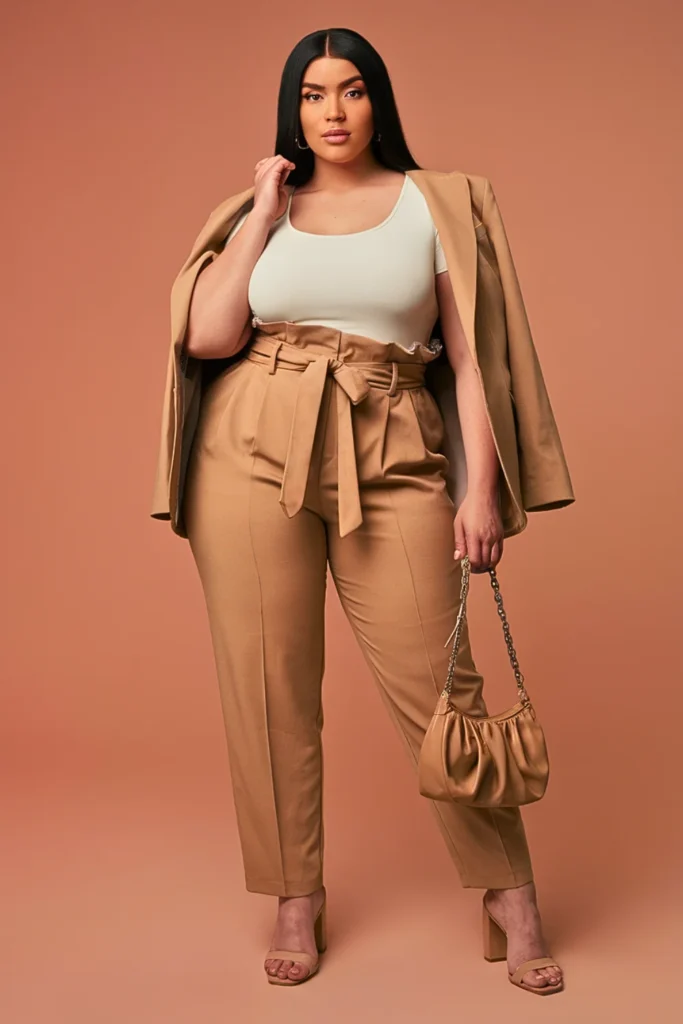 Plus Size Casual Scoop Neck Tee and Paper Bag Waist Pants Autumn Outfit