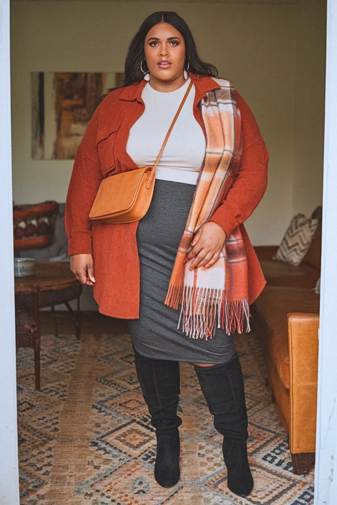 Plus Size Shacket and Midi Skirt Fall Outfit