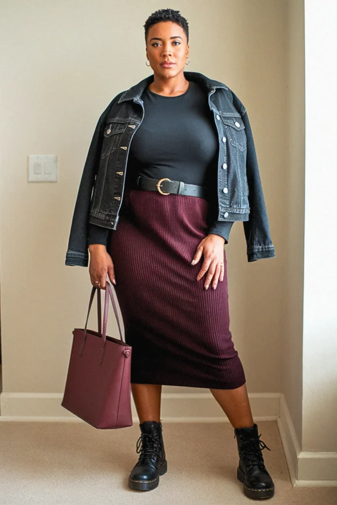 Plus Size Fall Black Denim Jacket and Midi Skirt Mom Outfit