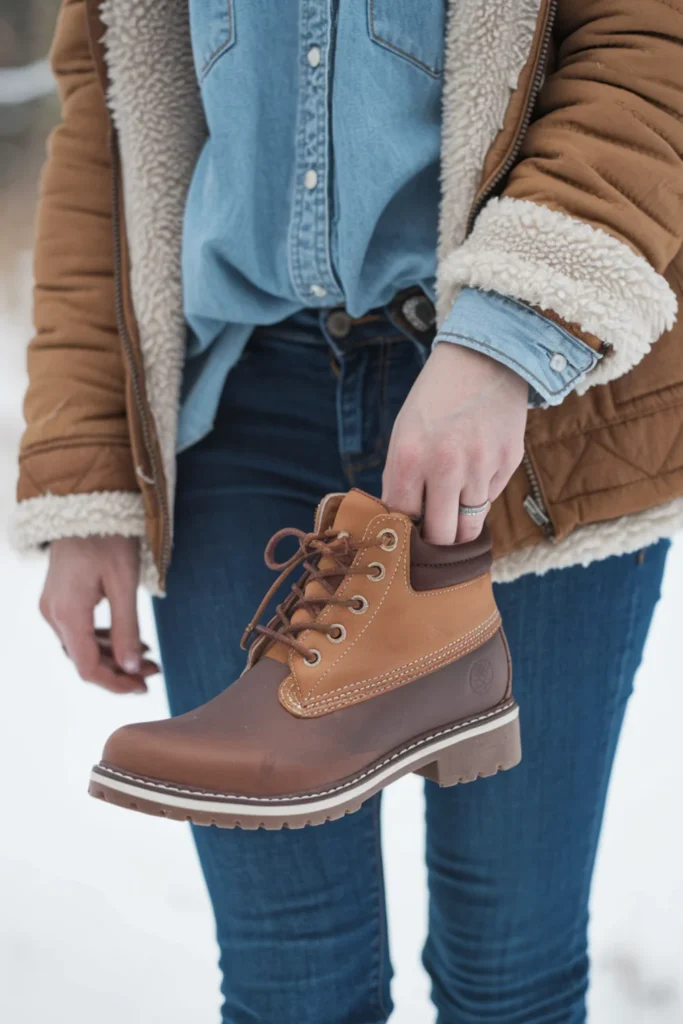 Winter denim shirt and ankle Boots Outfit