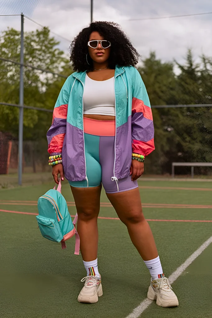 Plus Size Summer Color-Block Windbreaker Set Athleisure Outfit