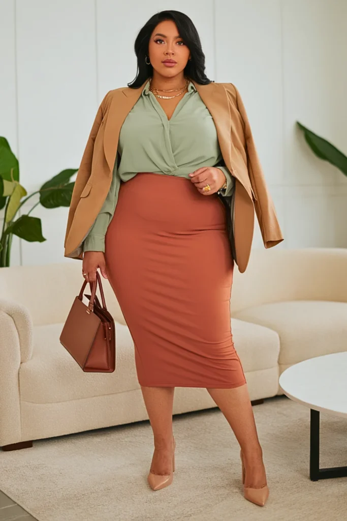 Plus Size Soft Terracotta Midi Skirt Autumn Outfit