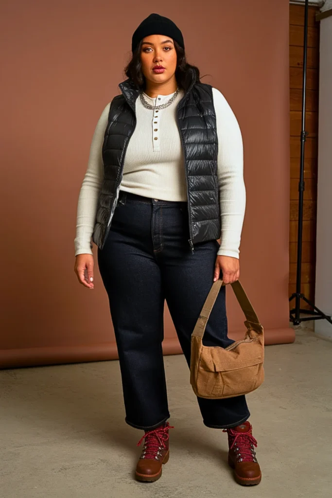 Plus Size Puffer Vest Henley Shirt Fall Outfit
