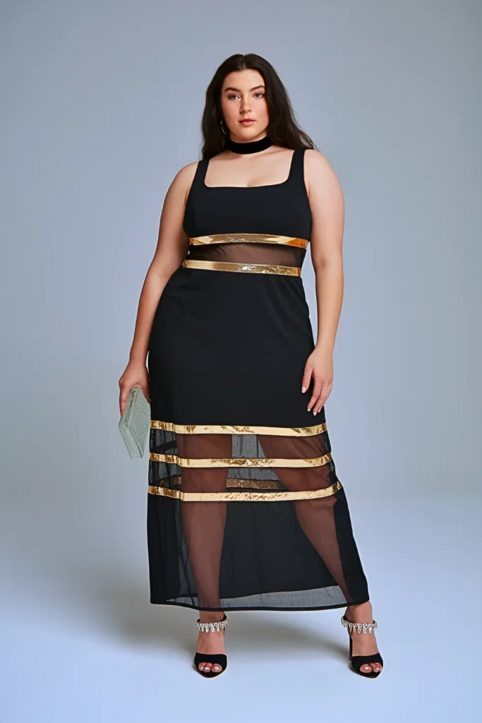 Plus Size Sheer Paneled Maxi Dress Evening Outfit