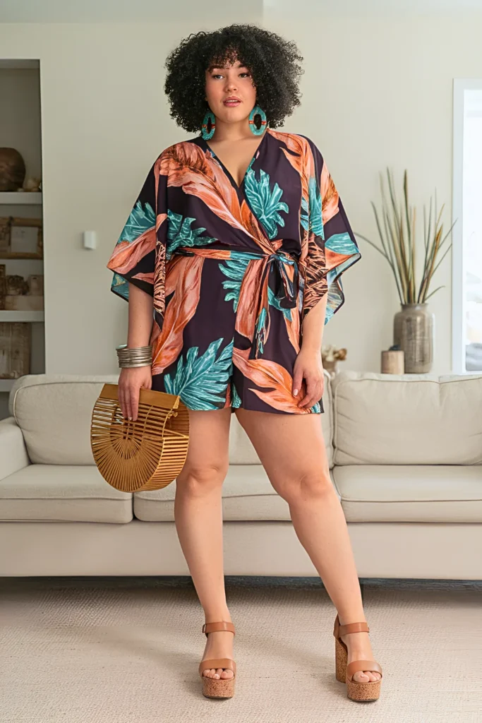 Plus Size Kimono-Style Printed Romper Summer Outfit