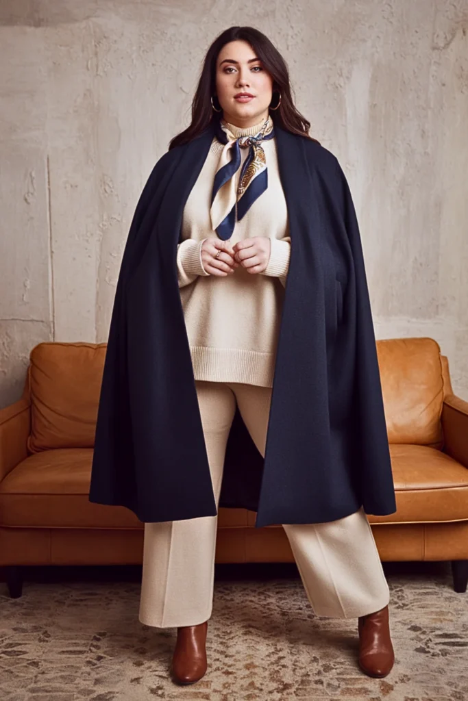 Plus Size Cape Style Coat With Straight Leg Pants Winter Outfit