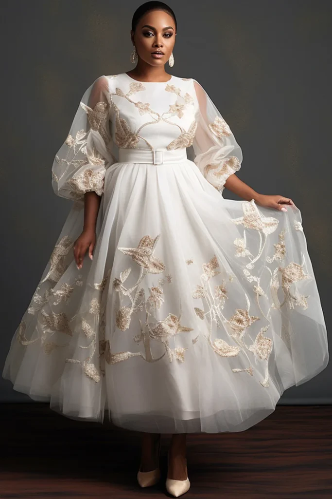 Plus Size Wedding White Elegant Round Neck Short Sleeve Embroidery Pleated Tulle Maxi Dress