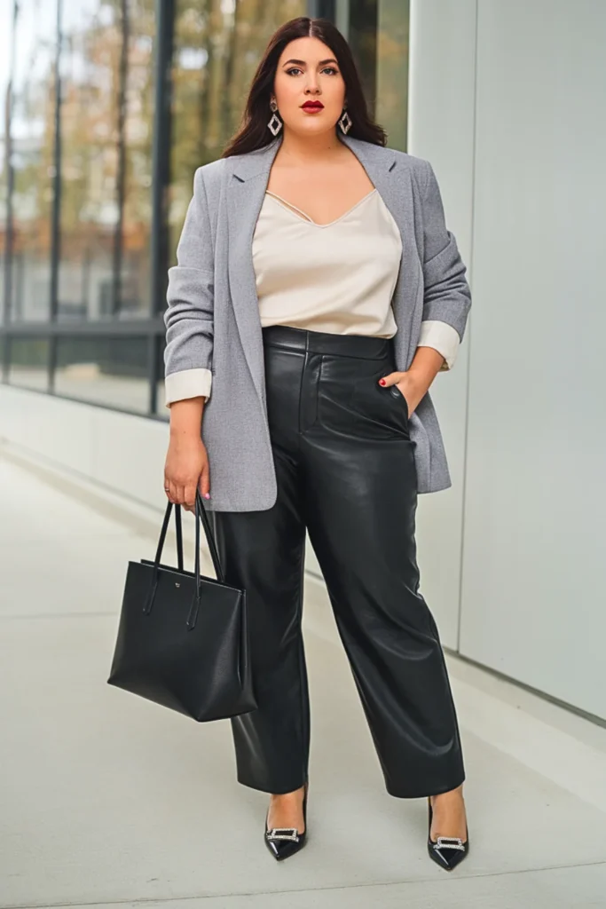 Plus Size Sweater Blazer Leather Pants Fall Outfit