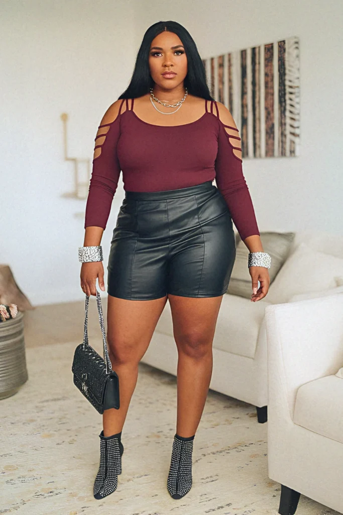Plus Size Summer Leather Shorts and Cold-Shoulder Top Outfit