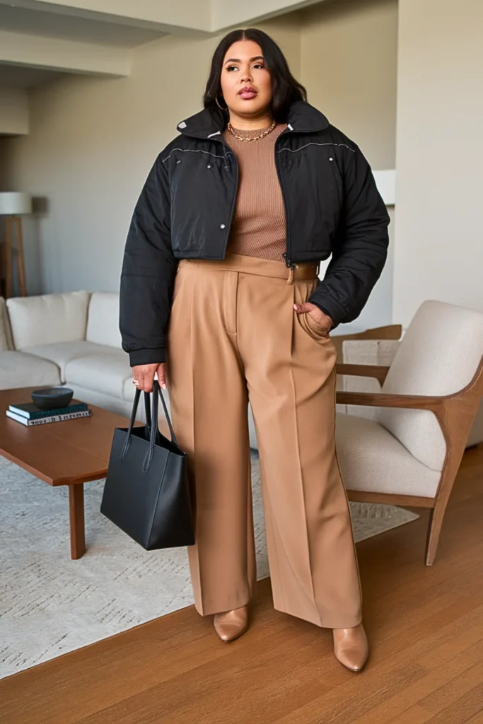 Plus Size Cropped Puffer Jacket With High Waisted Trousers Winter Outfit