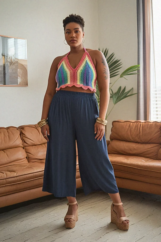Plus Size Rainbow Crochet Halter with High-Rise Tencel Culottes Boho Outfit
