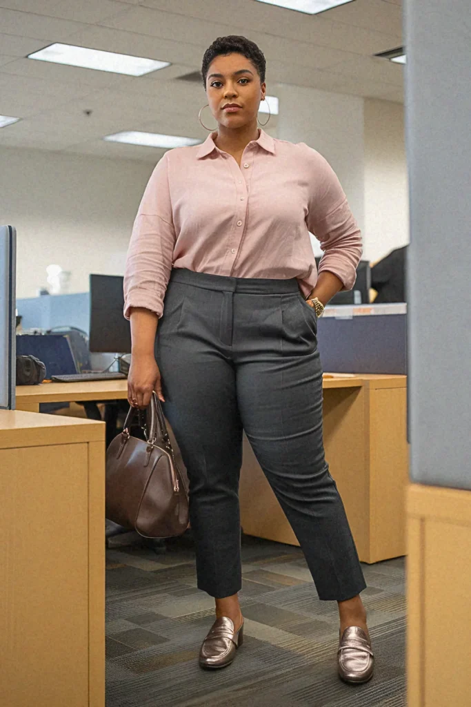 Plus Size Summer Pleated Back Button-Down & Slim Trousers Office Outfit