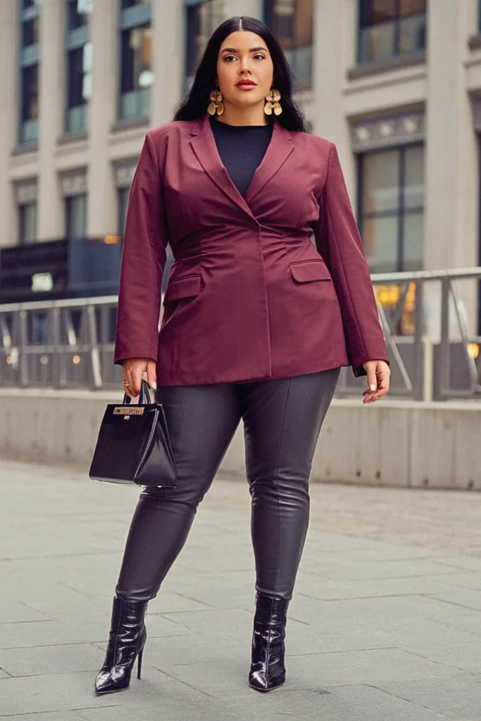 Plus Size New York Structured Blazer and Leather Leggings Fall Outfit
