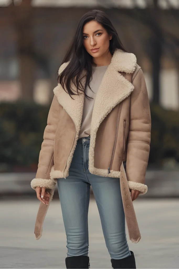 Winter Casual Shearling Jacket and Skinny Jeans Outfit