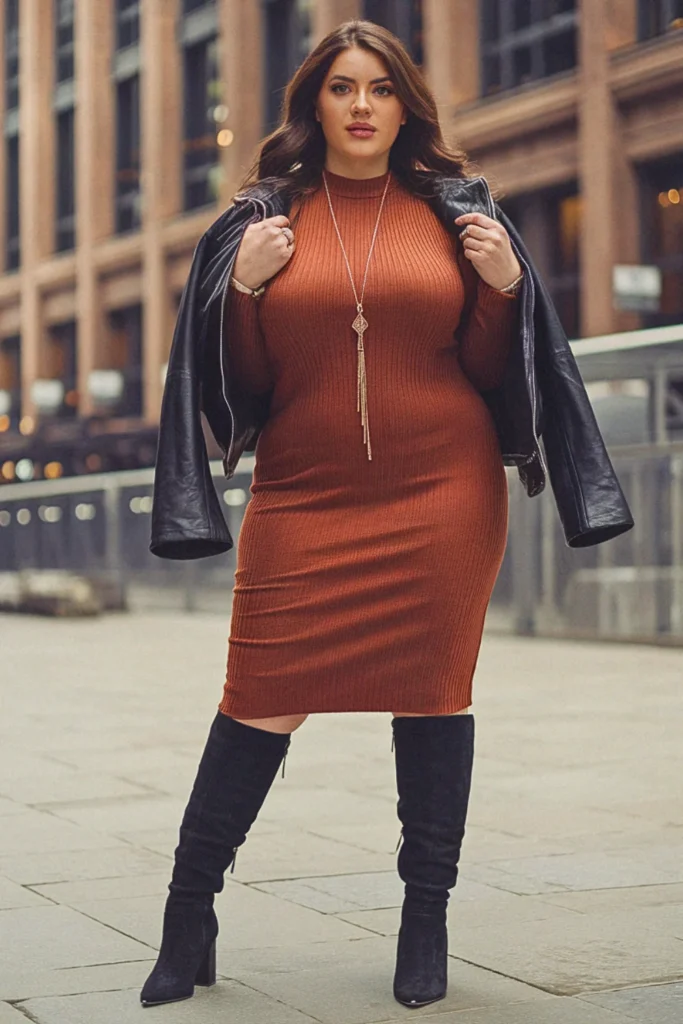 Plus Size New York Knit Dress and Knee-High Boots Fall Outfit