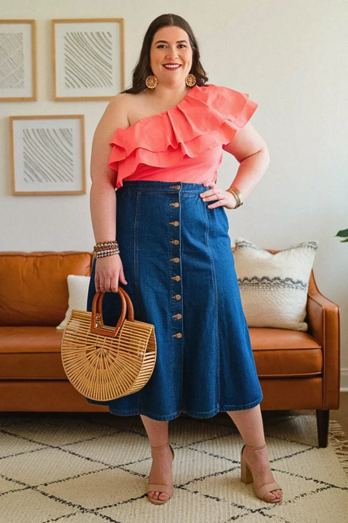 Plus Size Summer Ruffled One-Shoulder with Denim Skirt Outfit