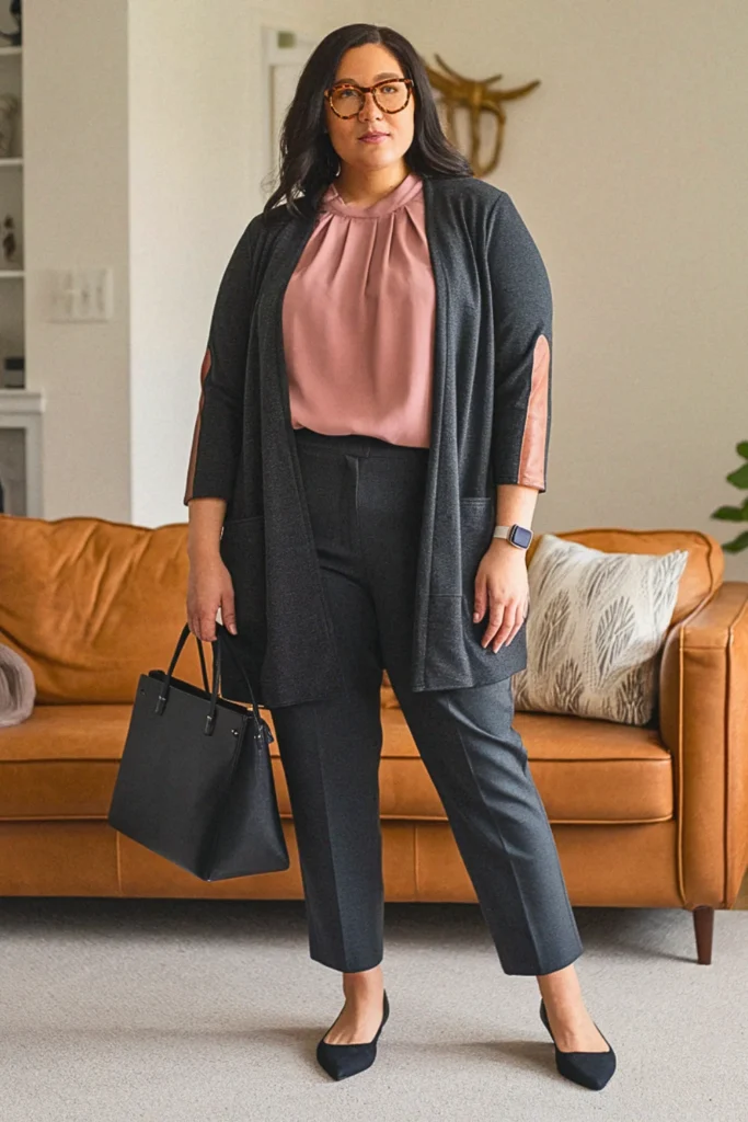 Plus Size Leather-Trimmed Cardigan Office Fall Outfit
