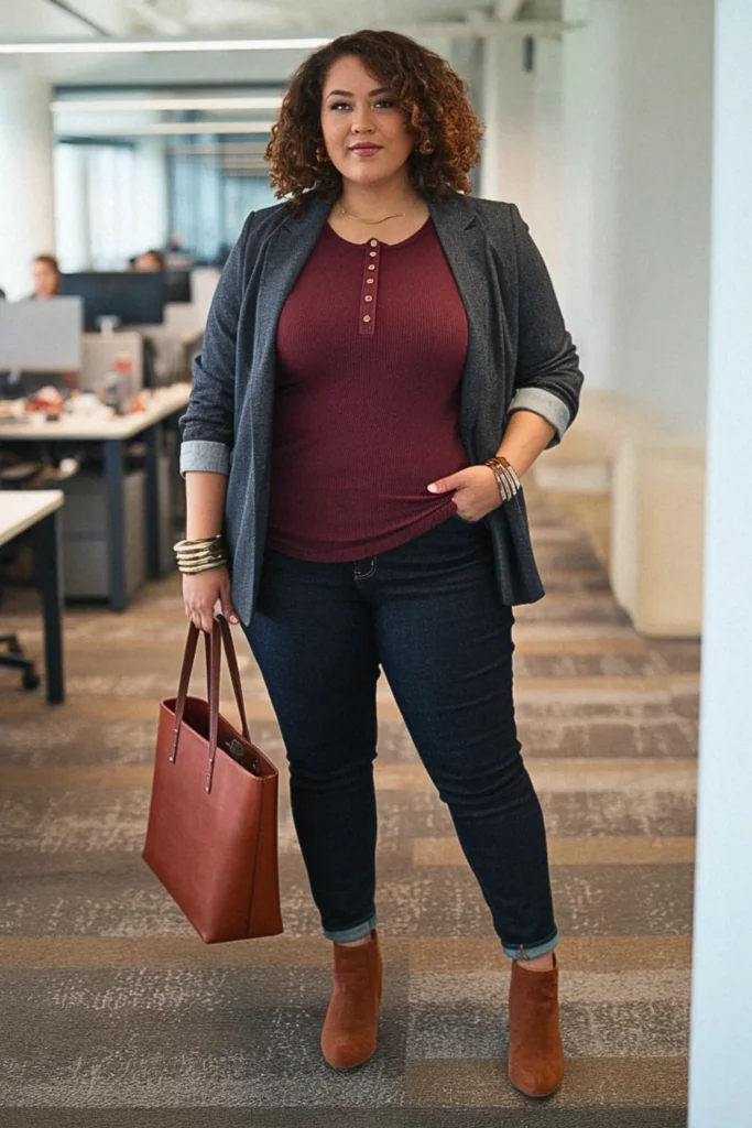 Plus Size Fall Henley Top Casual Work Outfit