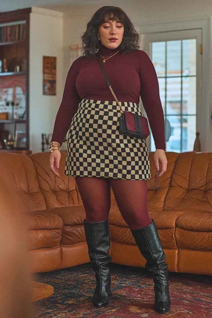 Plus Size Checkered Short Fall Skirt Outfit