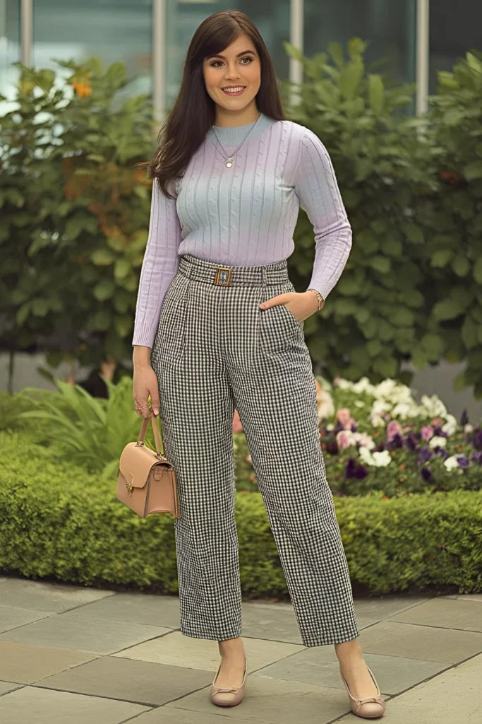 Pastel Cable Knit Sweater and Gingham Trousers