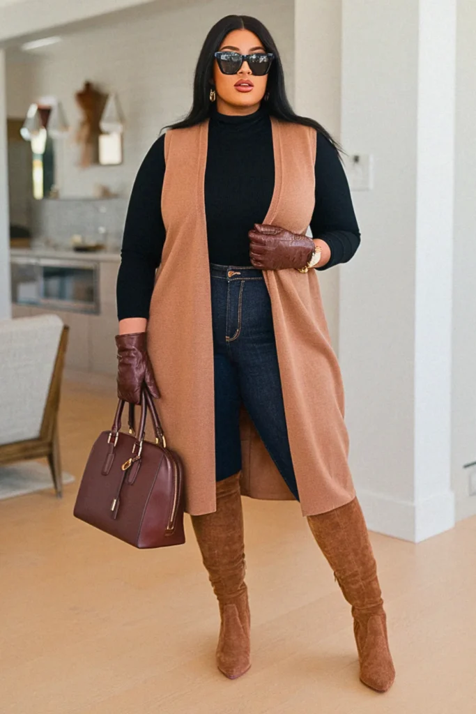 Plus Size Caramel Longline Vest Luxe Casual Fall Outfit