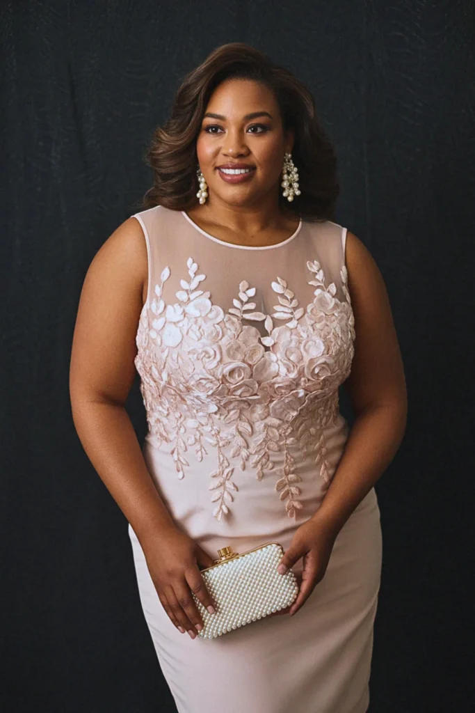 Plus Size Illusion Neckline Embroidered Wedding Guest Dress