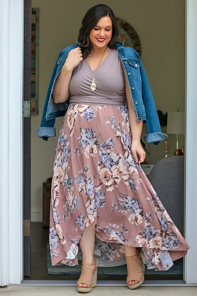 Plus Size Wrap Top and Floral Maxi Skirt Spring Mom Outfit