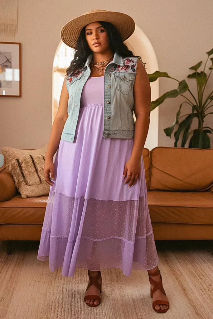 Plus Size Layered Mesh Maxi with Embroidered Denim Vest Boho Outfit