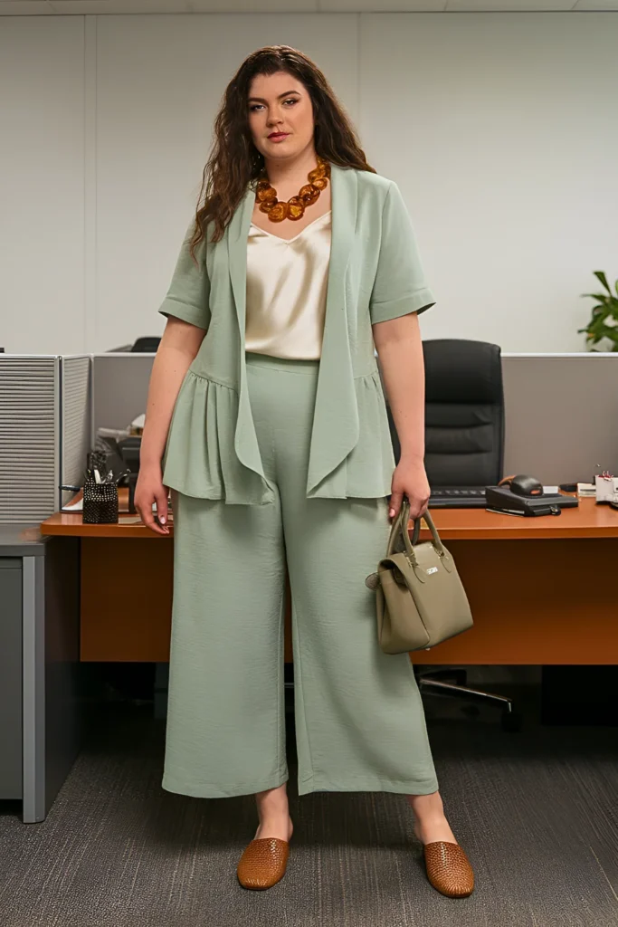 Plus Size Summer Linen-Blend Cropped Palazzo Set Business Casual Outfit