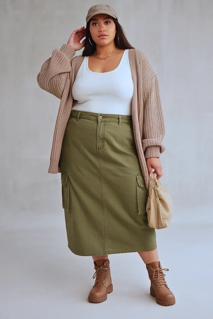 Plus Size Autumn Olive Green Cargo Midi Skirt Outfit