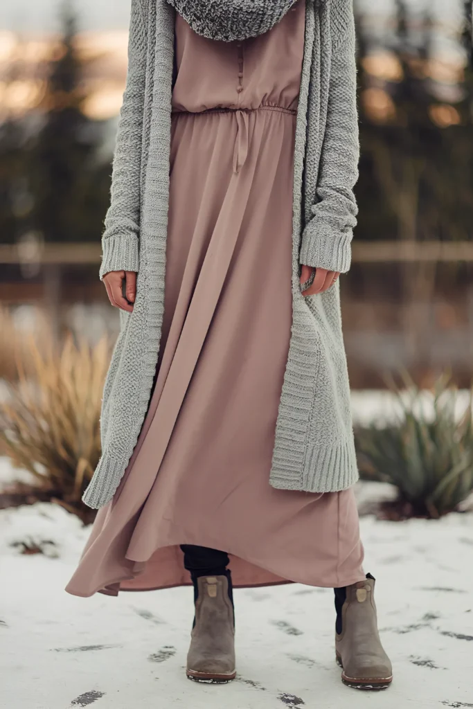 Winter maxi dress, cardigan and ankle Boots Outfit