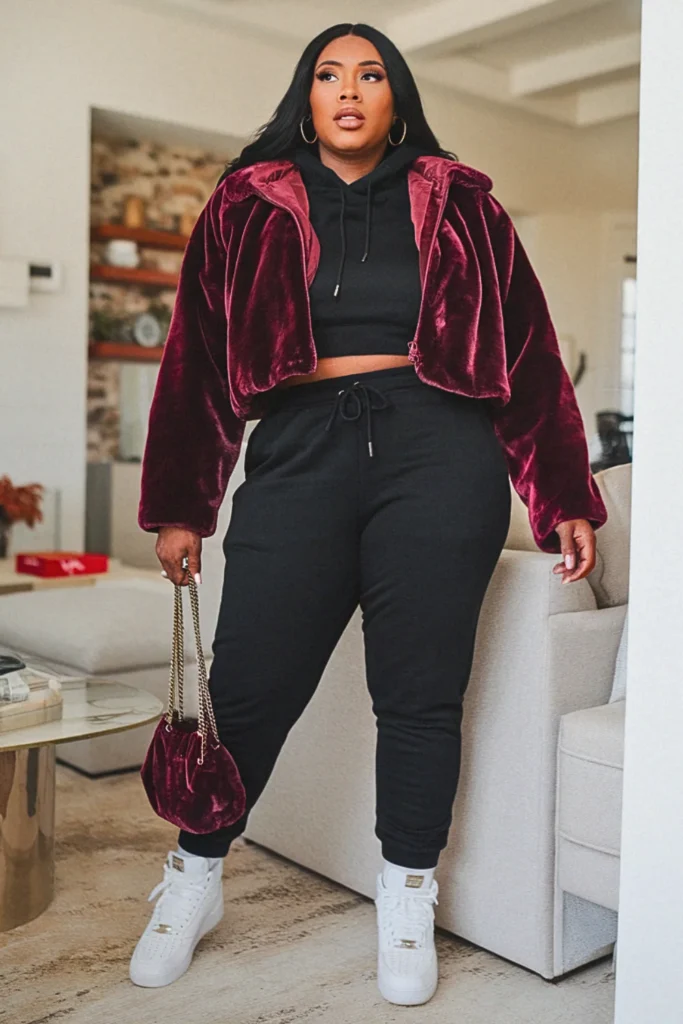 Plus Size Burgundy Faux Fur Jacket Streetwear Fall Outfit