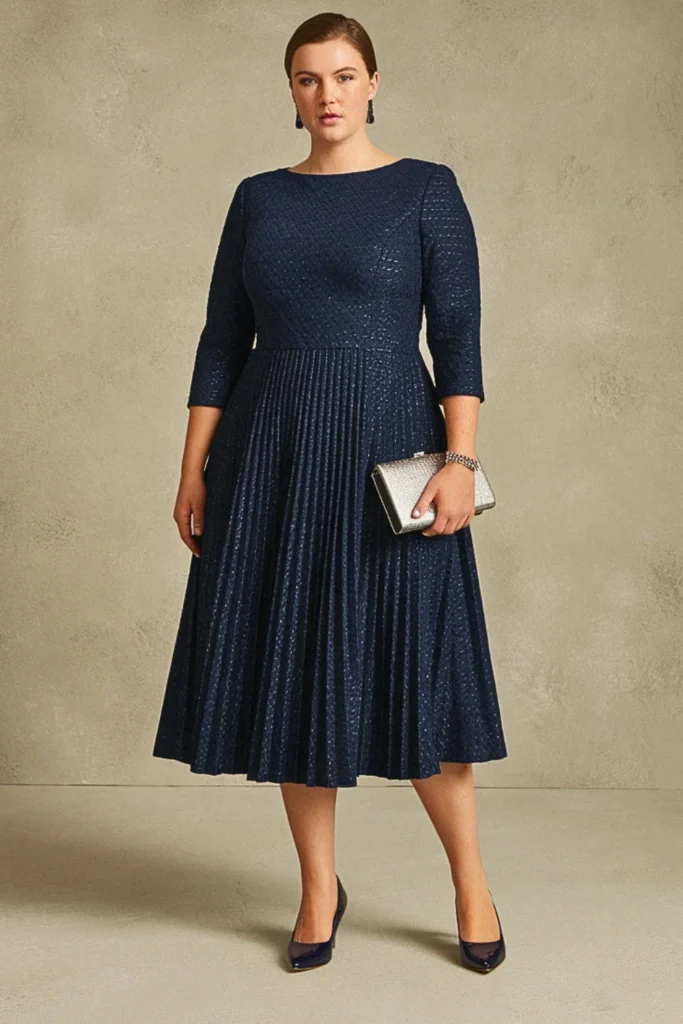 Plus Size Navy Blue Jacquard Fit-and-Flare Wedding Guest Dress