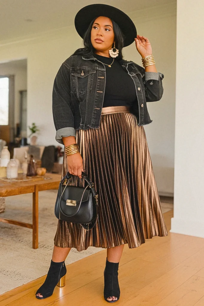 Plus Size Fall Metallic Pleated Skirt Nashville Outfit