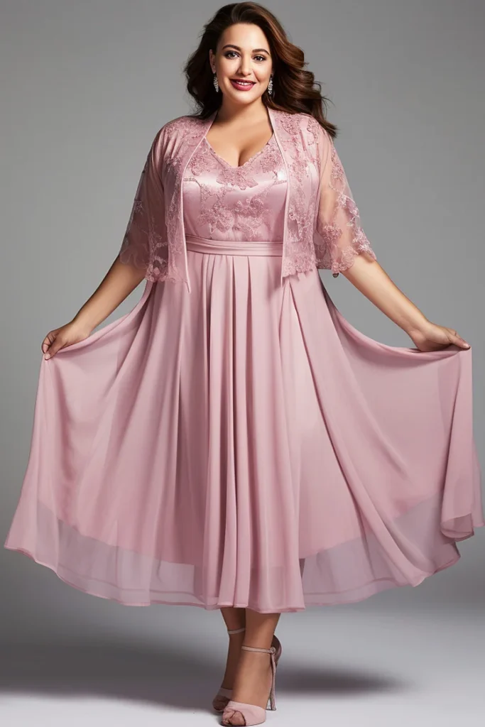 Plus Size Mother Of The Bride Pink Chiffon Lace Two Pieces Tea-Length Dress With Jacket