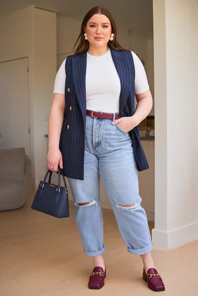 Plus Size Summer Tailored Vest with Boyfriend Jeans Outfit