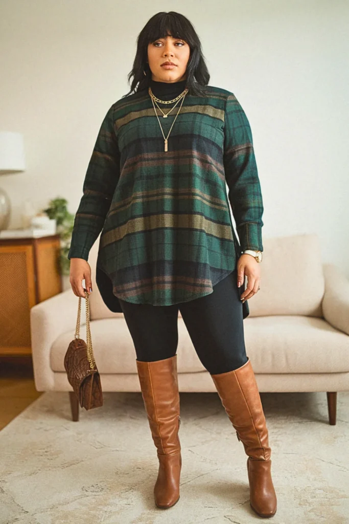 Plus Size Apple Shape Plaid Tunic Fall Outfit