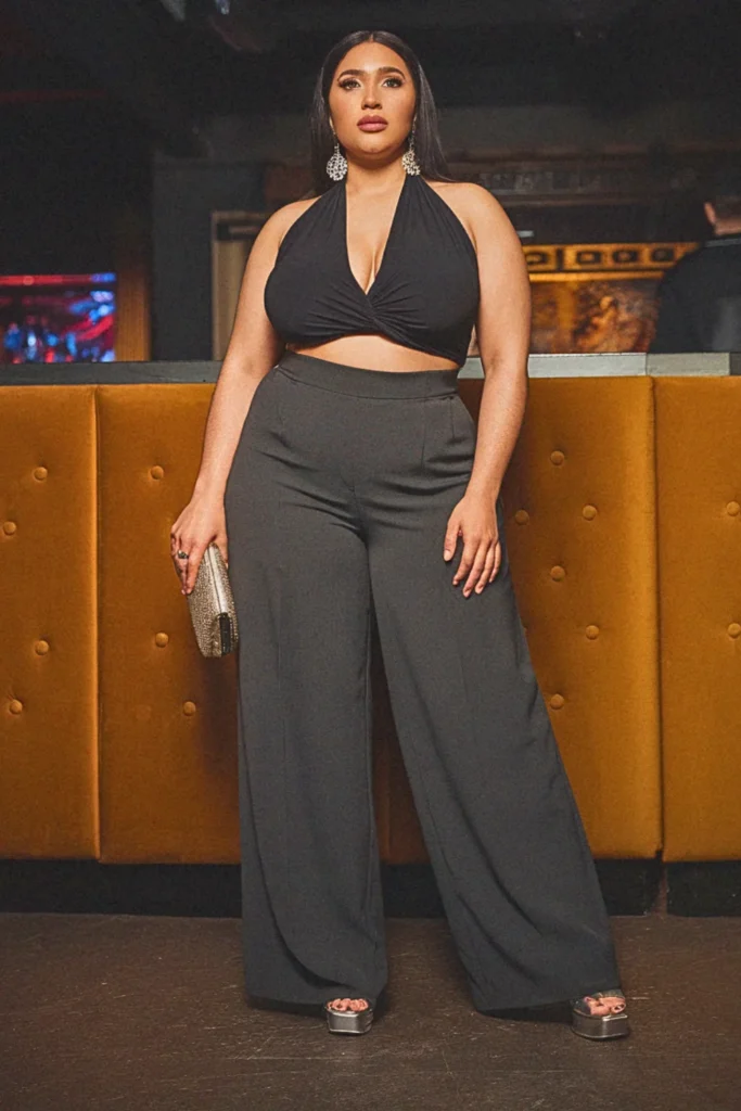 Plus Size Fall Halter Top and Wide-Leg Trousers Going Out Outfit