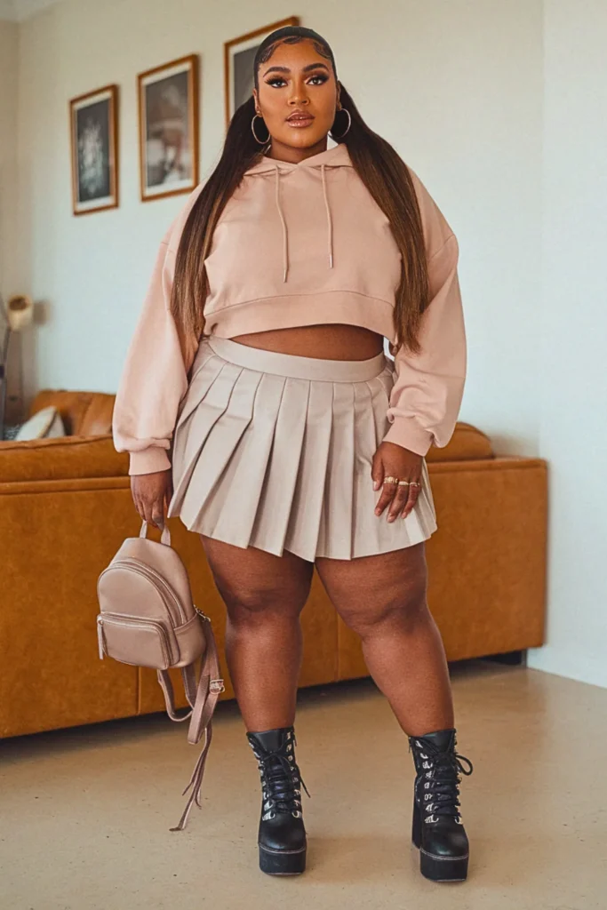 Plus Size Cropped Hoodie Pleated Skirt Fall Outfit