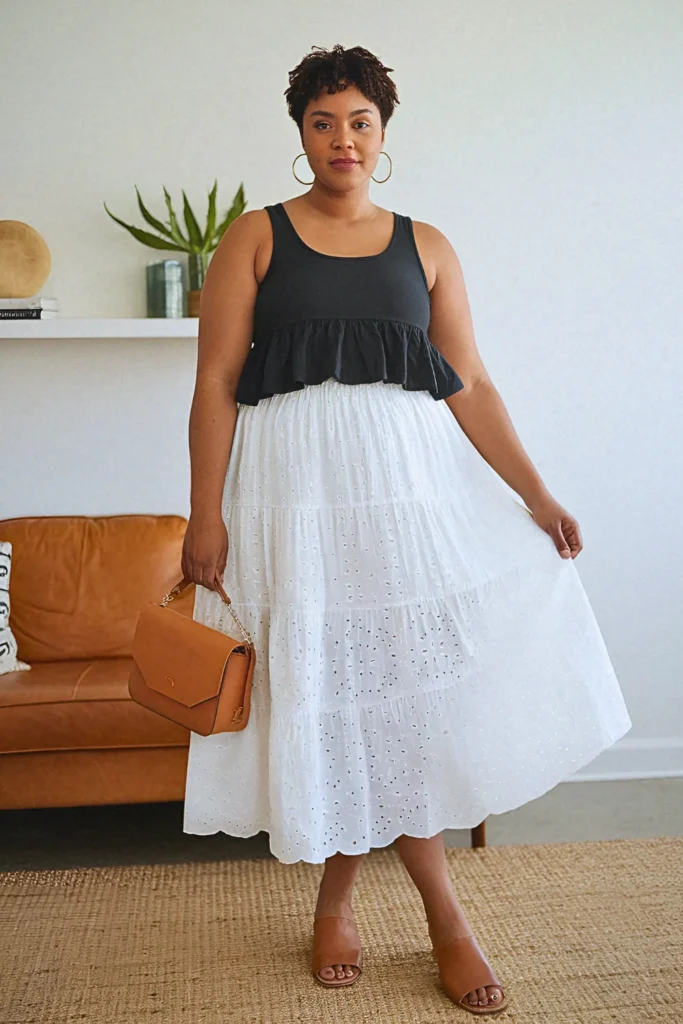 Plus Size Comfy Tiered Eyelet Cotton Skirt Summer Outfit
