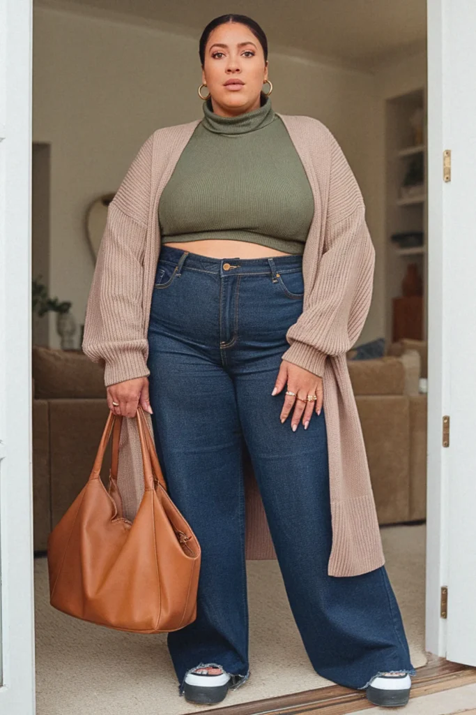 Plus Size Fall Turtleneck Wide Leg Jean Aesthetic Outfit