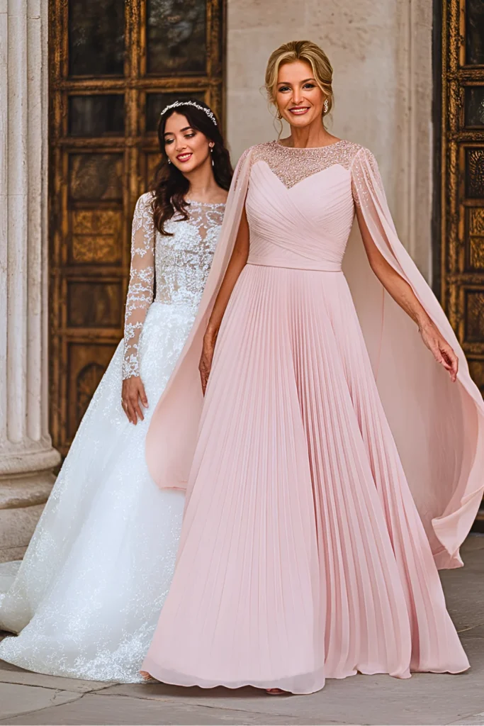 Elegant Blush Pink Chiffon Cape-Sleeve Mother of the Bride Dress