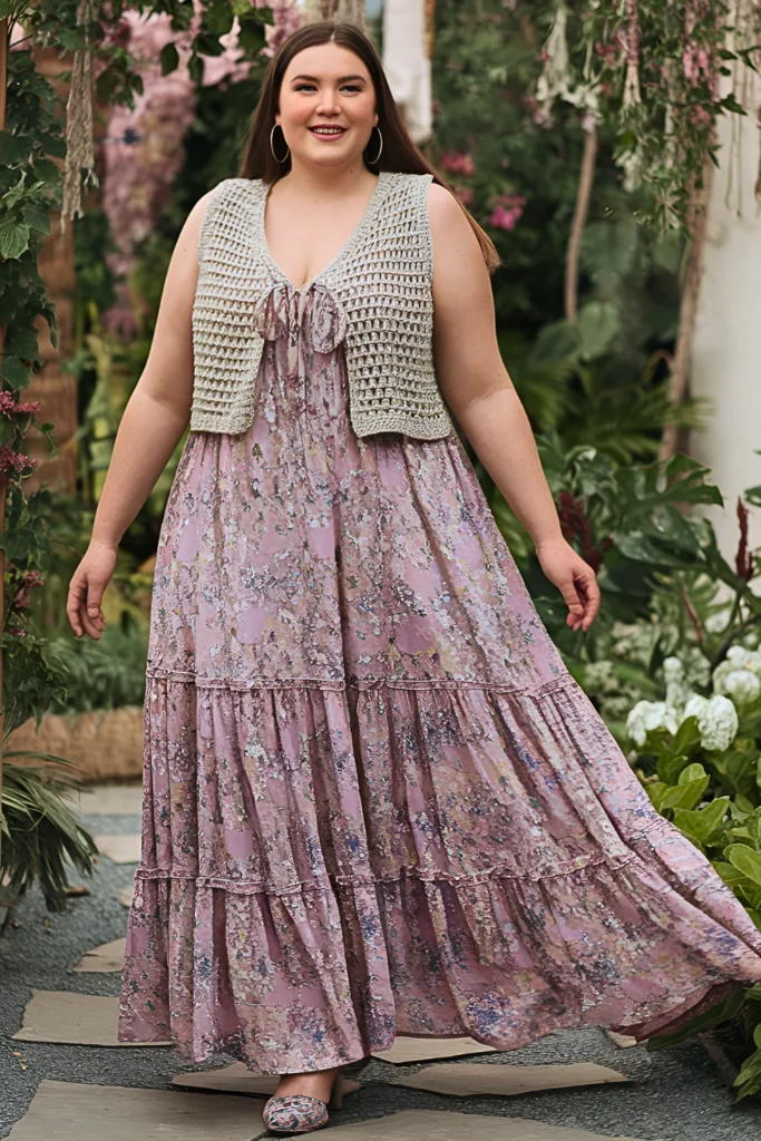 Plus Size Floral Maxi Dress with Crochet Vest Hippie Spring Outfit