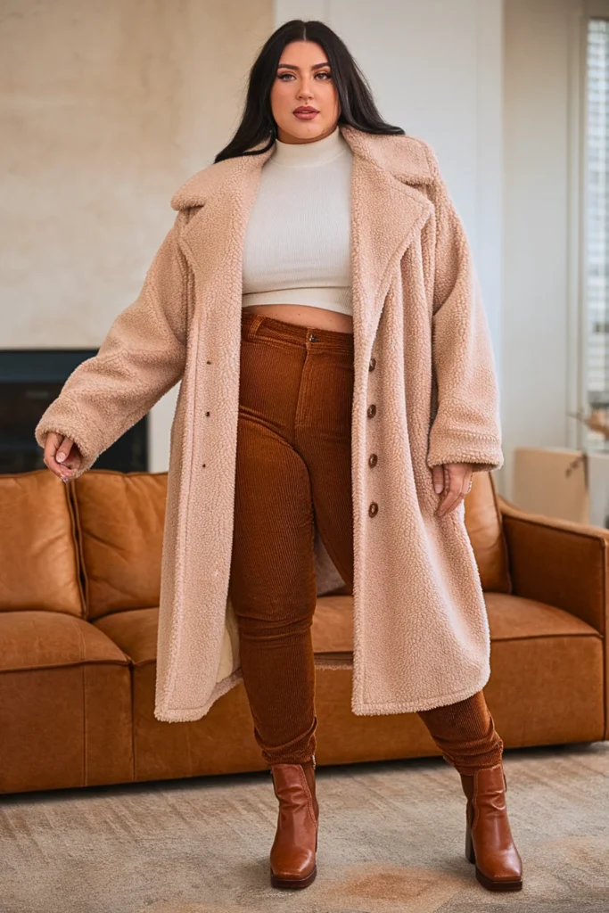Plus Size Teddy Coat Skinny Corduroys Fall Winter Outfit