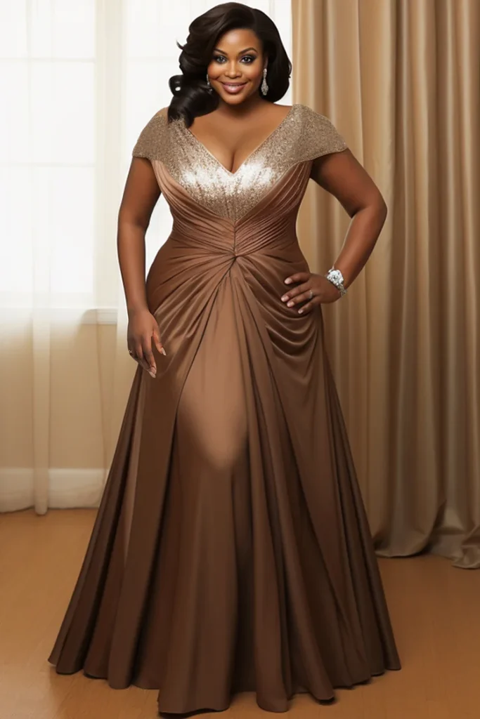 Plus Size Formal Brown Elegant V Neck Short Sleeve Fold Contrast Satin Maxi Dress