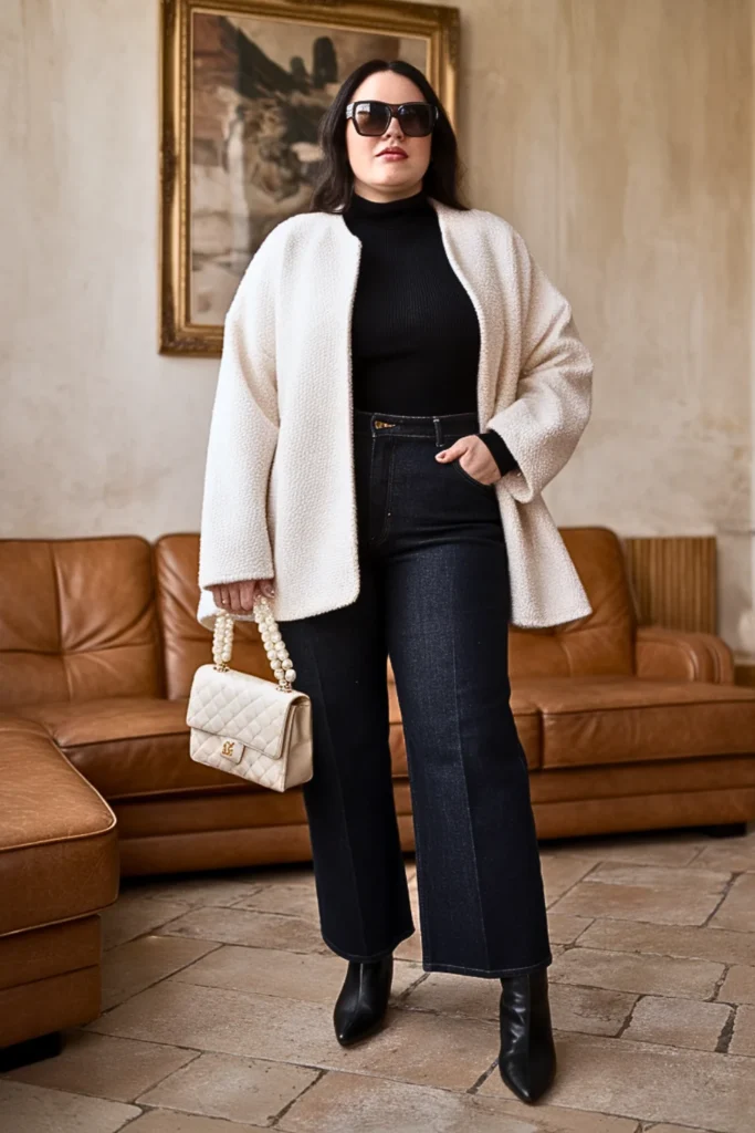 Plus Size Boucle Jacket With Straight Leg Jeans Winter Outfit