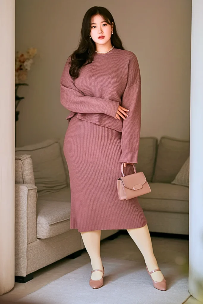 Plus Size Korean Sweater Skirt Set Autumn Outfit