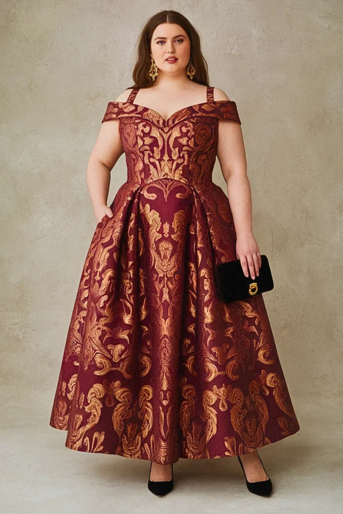 Plus Size Black Tie Baroque Jacquard Wedding Guest Dress